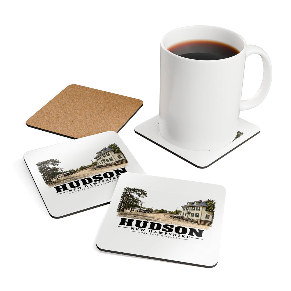 Tabletop display with coffee mug prop of Post Office Square square cork-backed coaster set, Hudson, New Hampshire.