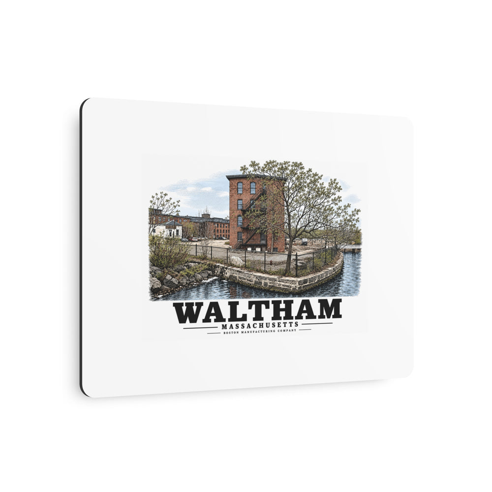 Illustrated Boston Manufacturing Company in Waltham on metal art sign