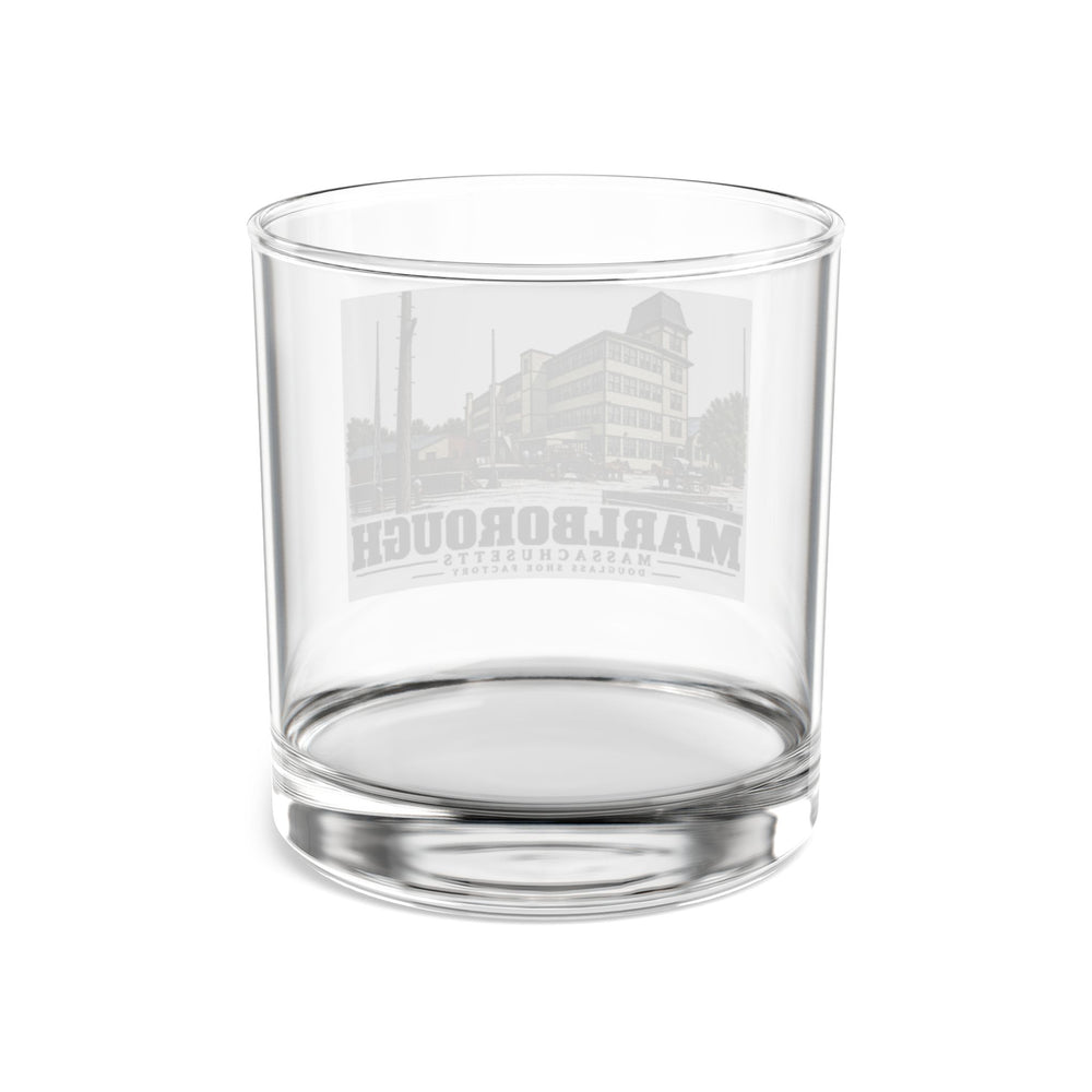 Illustrated Douglass Shoe Factory in Marlborough on rocks glass