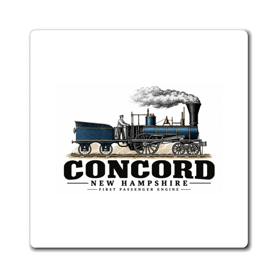 Front of First Passenger Engine square vinyl magnet, Concord, New Hampshire.