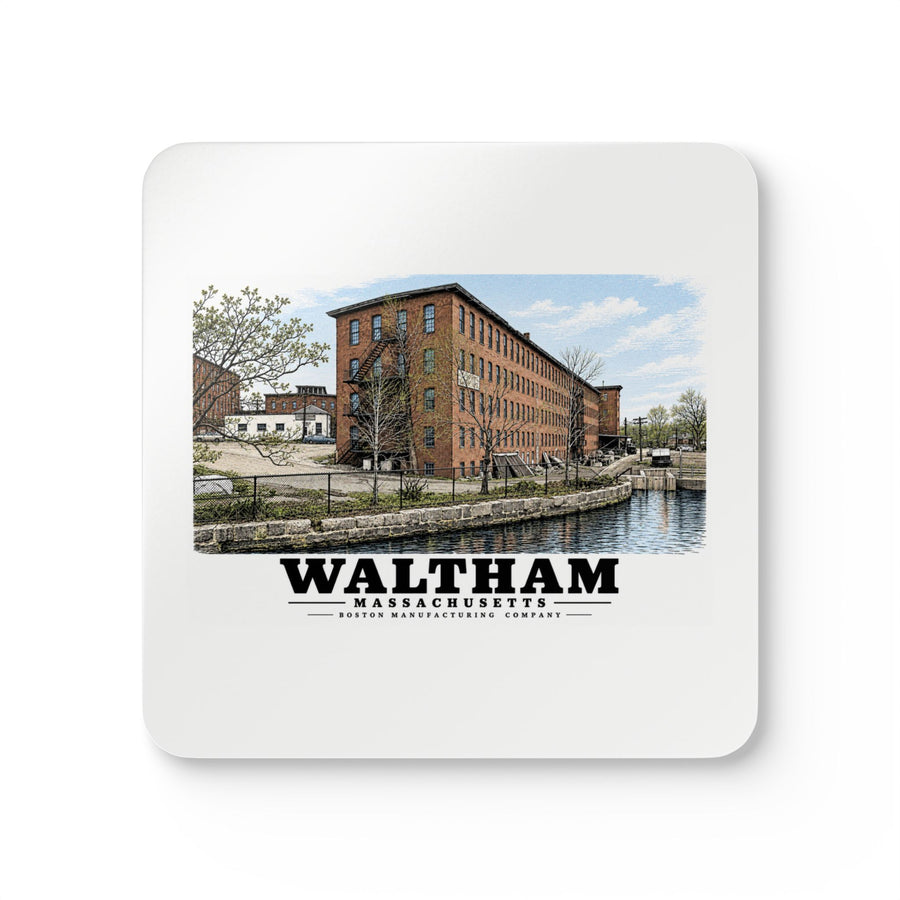 Illustrated Boston Manufacturing Company in Waltham on corkwood coaster set