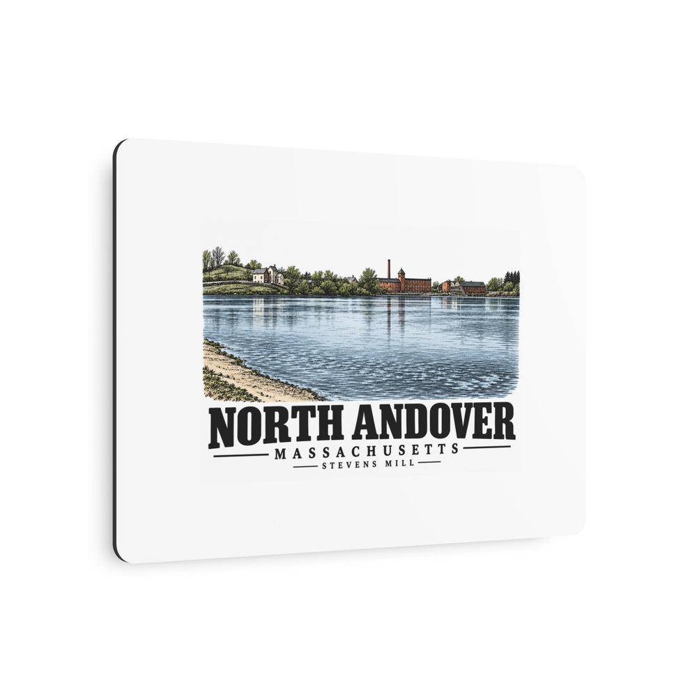 Angled front of Stevens Mill metal wall art, with North Andover, Massachusetts artwork and lettering.