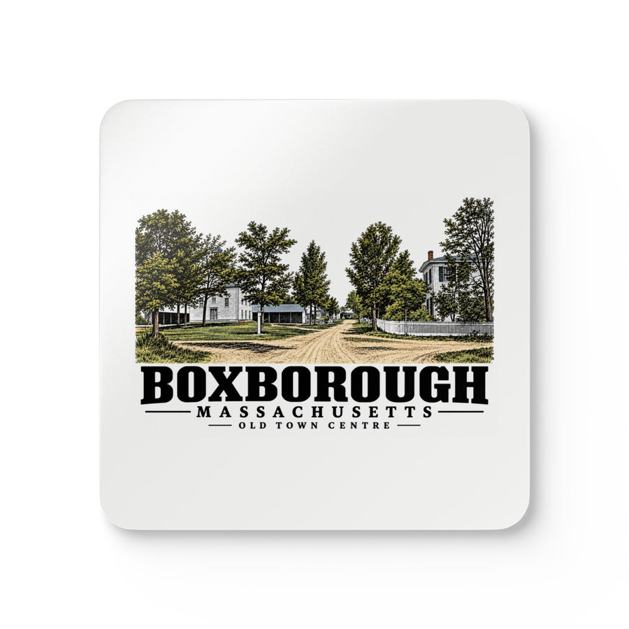 Illustrated Old Town Centre in Boxborough on corkwood coaster set
