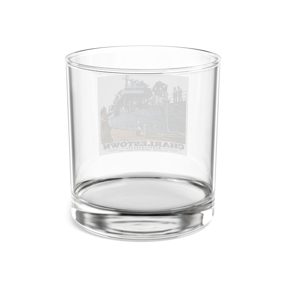 Illustrated USS Braine at Boston Navy Yard in Charlestown on rocks glass