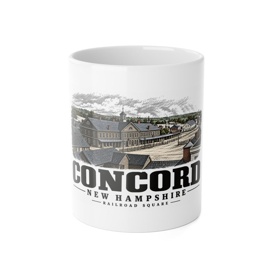 Front of Railroad Square white ceramic mug, Concord, New Hampshire.