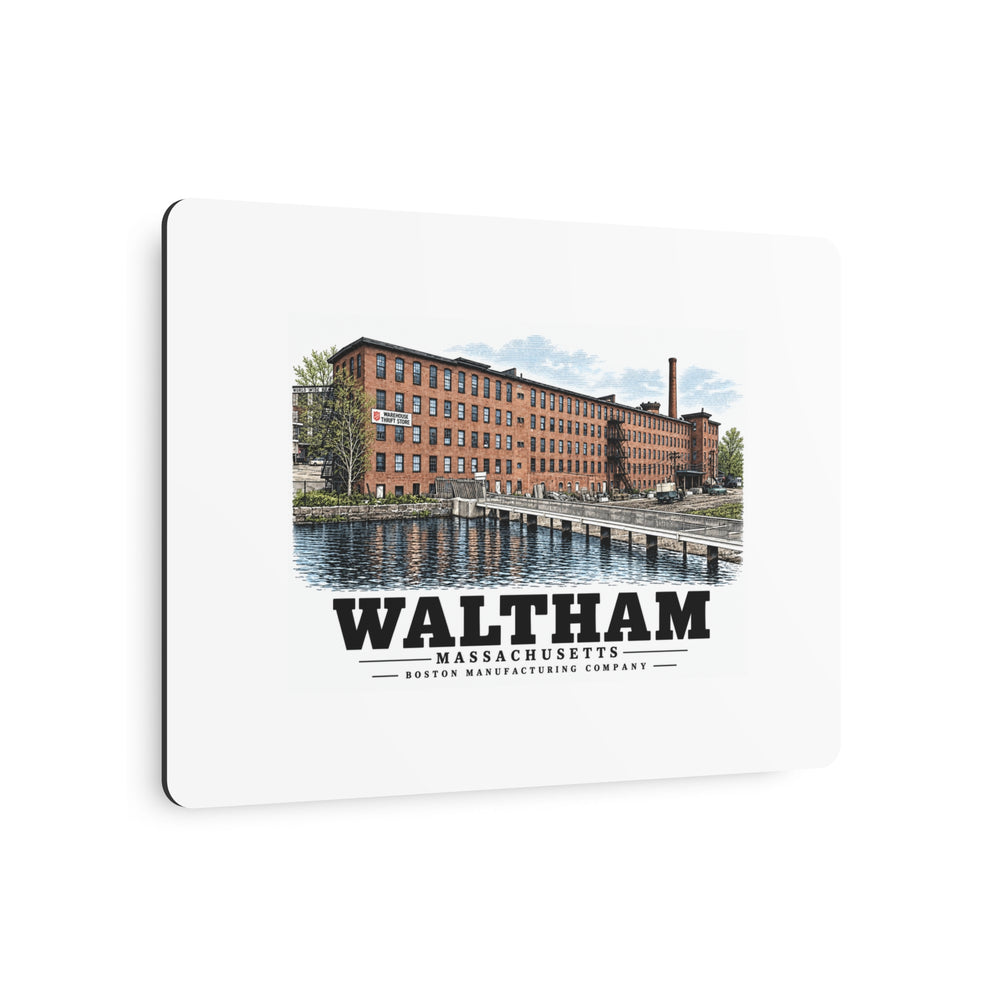 Illustrated Boston Manufacturing Company in Waltham on metal art sign