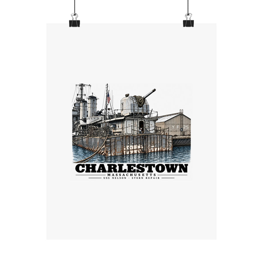 11 x 14 inch matte poster hanging from clips with USS Nelson stern repair and Charlestown artwork
