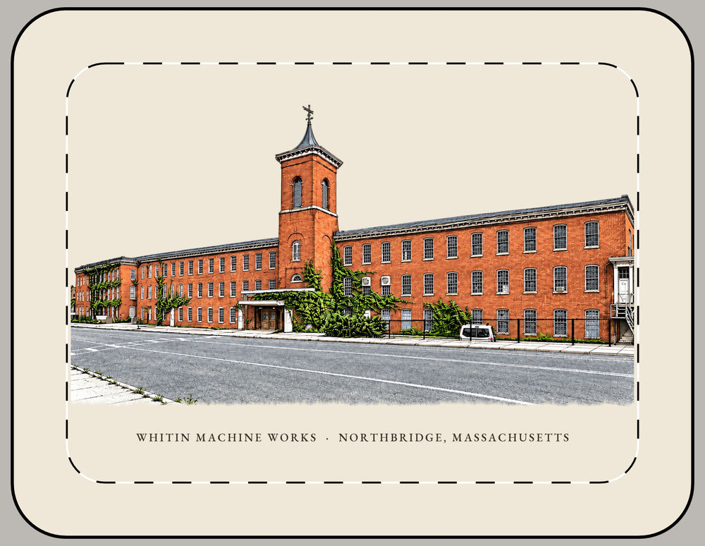 Northbridge Whitin Machine Works 15-inch laptop sleeve mockup showing the full illustrated print