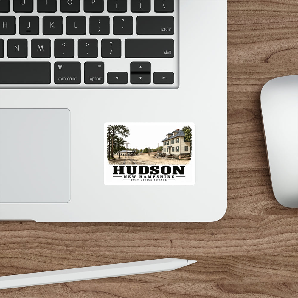 Laptop display of Post Office Square white die-cut sticker, Hudson, New Hampshire.
