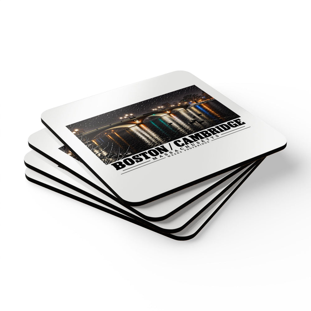 Stack of square coasters with Weeks Footbridge illuminated night view with water reflections artwork visible on the top coaster