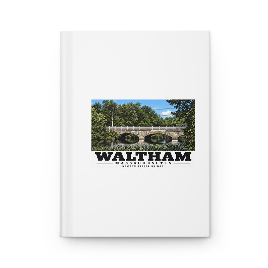 Closed front cover of the matte hardcover journal with Waltham Newton Street Bridge artwork.