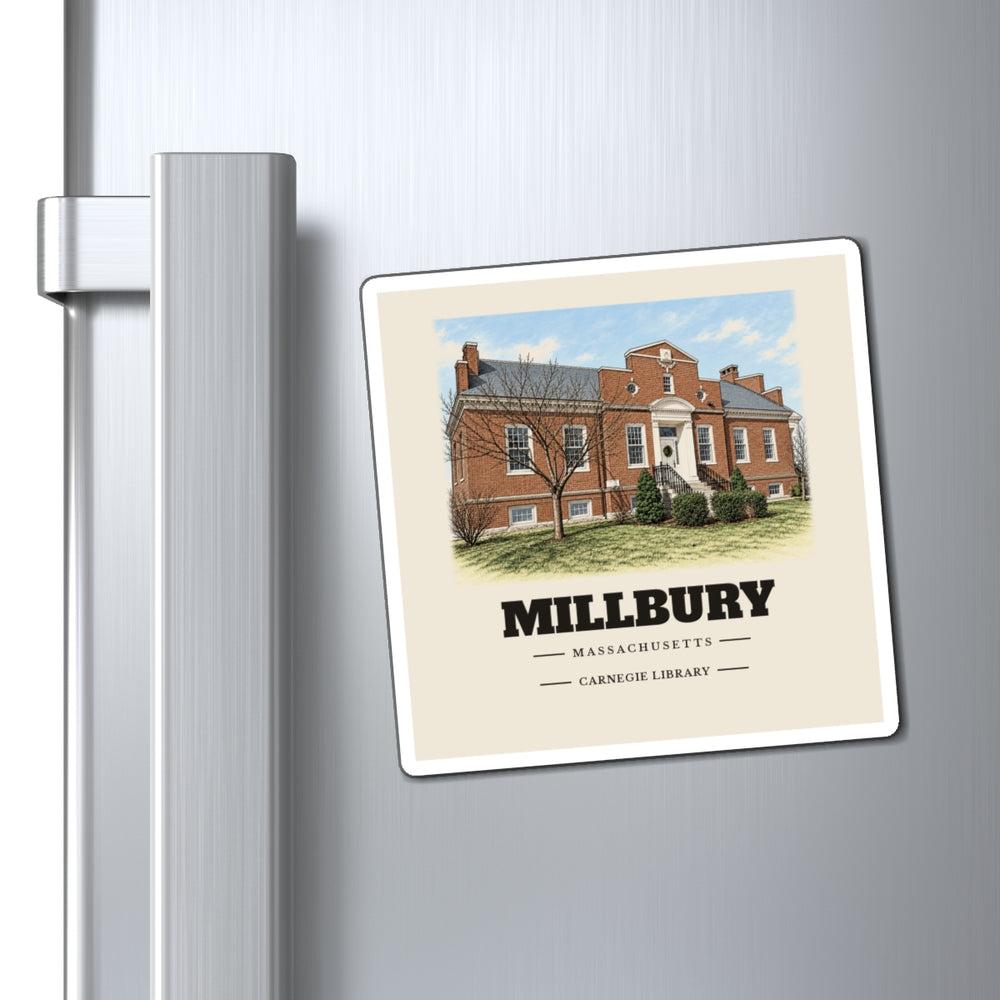 Millbury Carnegie Library 4 inch magnet shown on a refrigerator