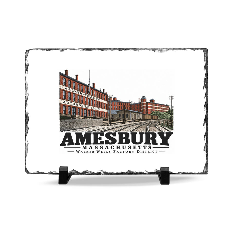 Illustrated Walker-Wells automobile-body factory district and Boston & Maine rail yard in Amesbury on slate desk plaque