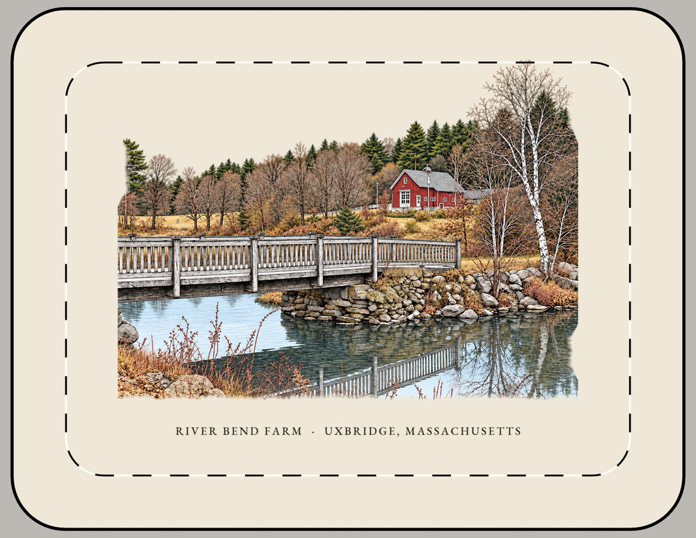 Uxbridge River Bend Farm 15-inch laptop sleeve mockup showing the full illustrated print