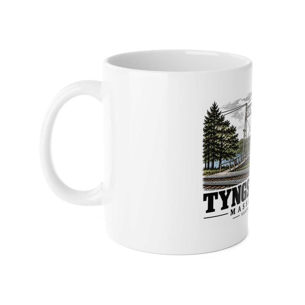 Tyngsborough Vesper suspension footbridge and railroad approach 11 oz White Ceramic Mug - Merrimack Valley Goods