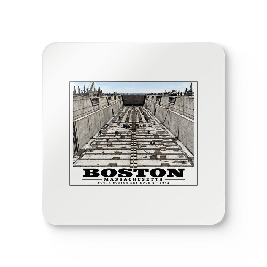 White square coaster showing naval dry dock with concrete walls and rows of floor blocks artwork and Boston lettering
