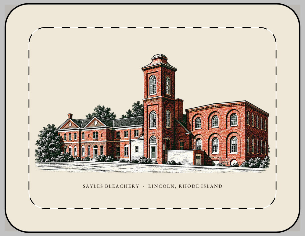 Lincoln Sayles Bleachery 13-inch laptop sleeve mockup showing the full illustrated print