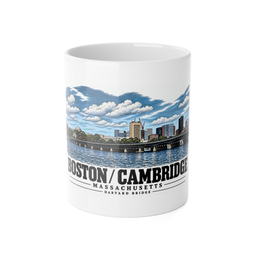 White mug showing Harvard Bridge river and skyline view artwork and Boston/Cambridge lettering