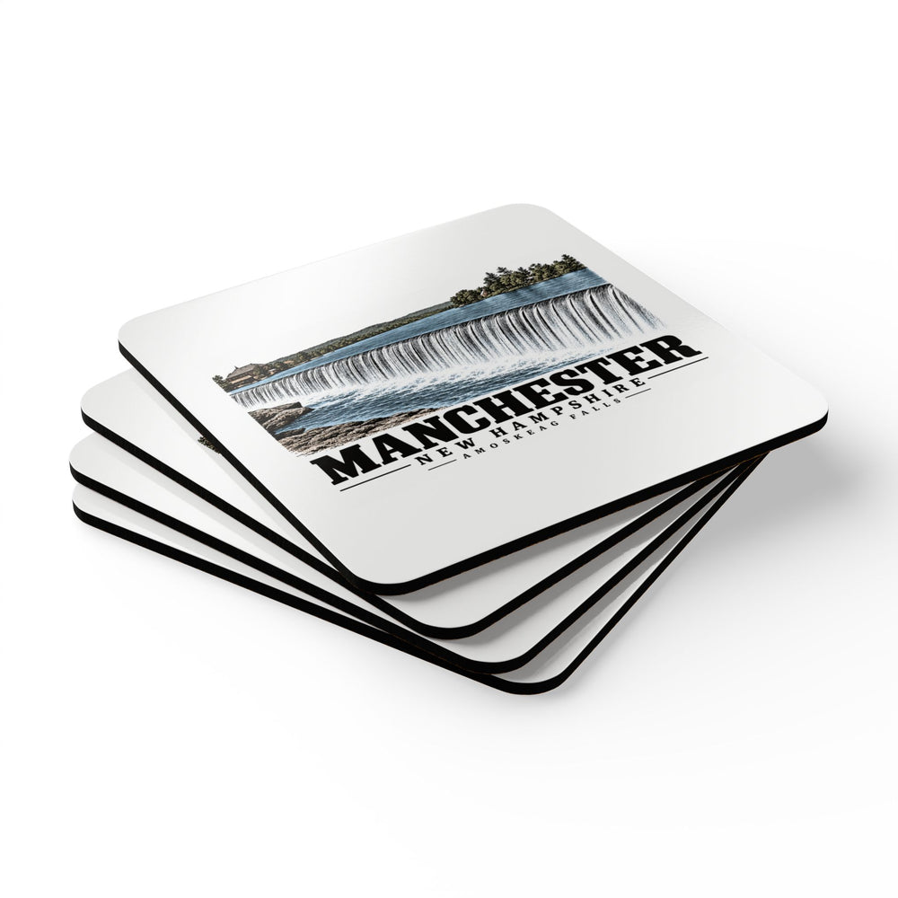 Stack of four coasters of Amoskeag Falls cork-backed coaster set of four, with Manchester, New Hampshire artwork and lettering.