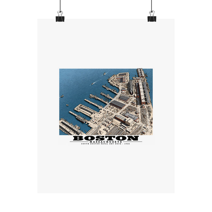 Aerial view of US Naval Dry Dock, South Boston showing development of facilities. HMS QUEEN MARY in Dry Dock #3 Matte Heritage Poster — 11 × 14 and 18 × 24 in - Boston Harbor