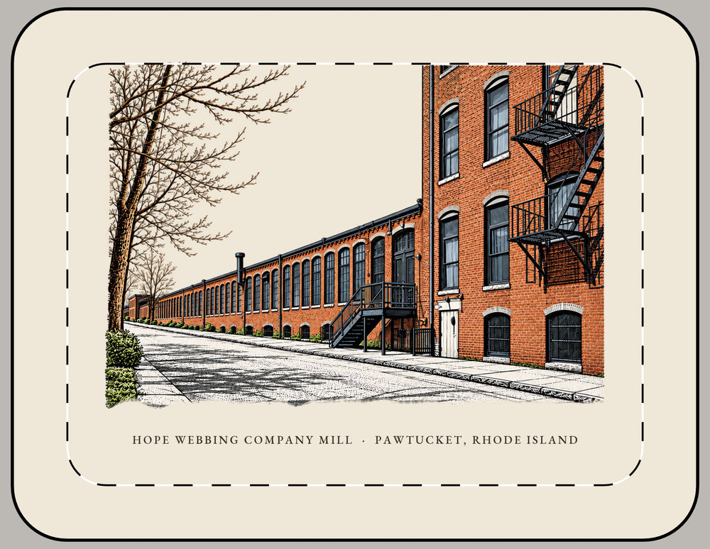 Pawtucket Hope Webbing Company Mill 15-inch laptop sleeve mockup showing the full illustrated print