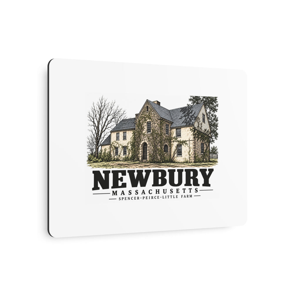Angled front of Spencer-Peirce-Little Farm metal wall art, with Newbury, Massachusetts artwork and lettering.