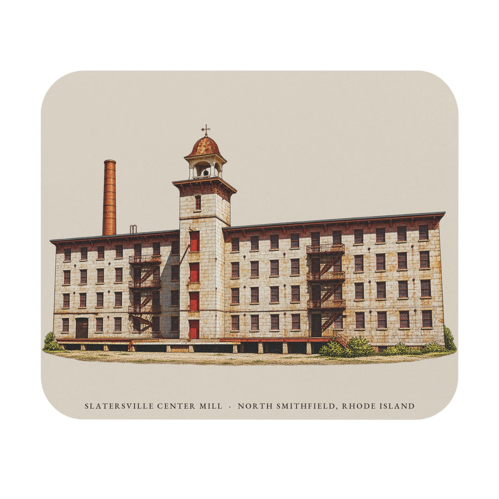North Smithfield Slatersville Center Mill mouse pad mockup showing the full illustrated print