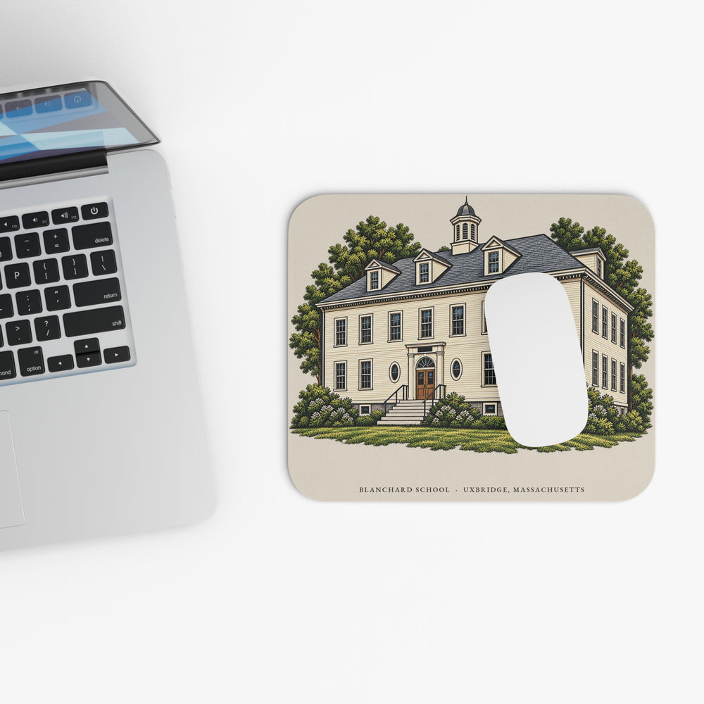 Uxbridge Blanchard School mouse pad mockup showing the full illustrated print