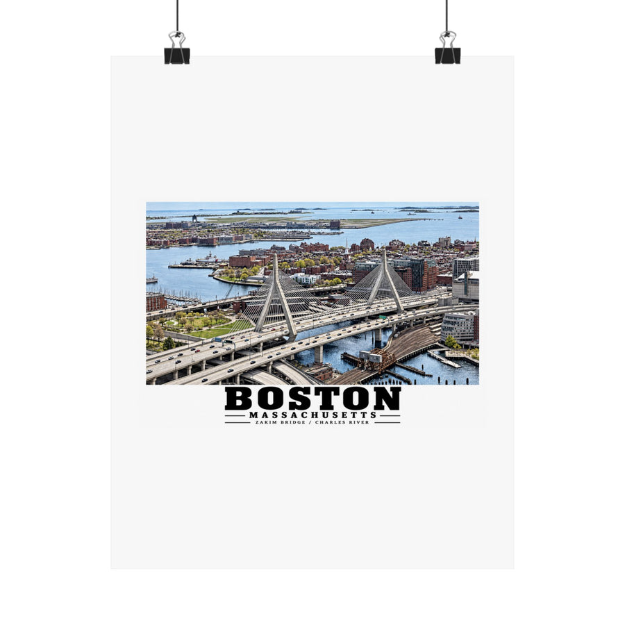 Aerial view of Boston with Zakim Bridge across Charles Matte Heritage Poster — 11 × 14 and 18 × 24 in - Charles River