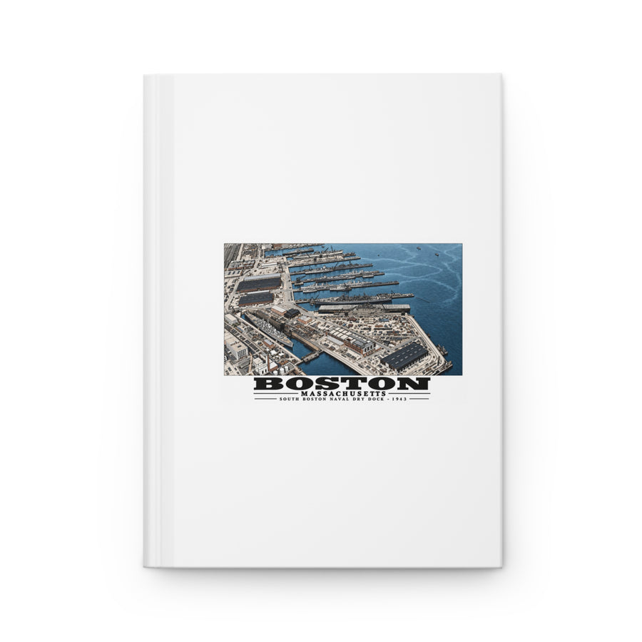 Aerial view of US Naval Dry Dock-BB-61 USS IOWA in dry dock #3-USS BUNKER HILL at East Jetty-AP-21 USS WAKEFIELD at pier Matte Hardcover Journal - Boston Harbor