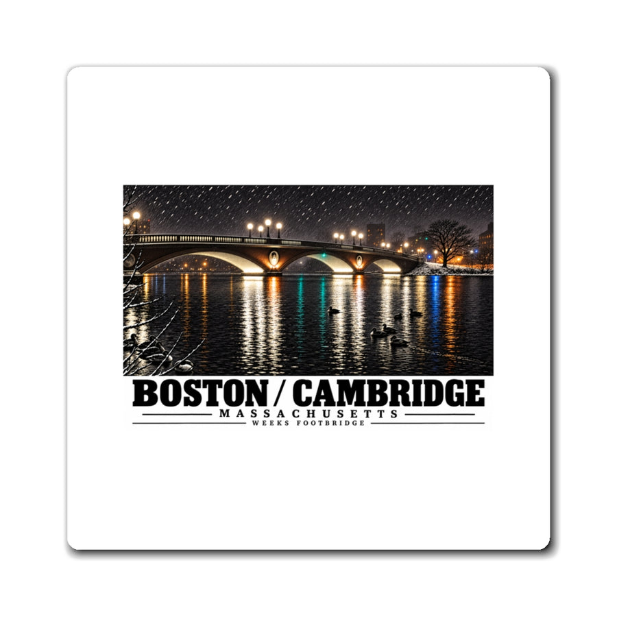 White rectangular magnet showing Weeks Footbridge illuminated night view with water reflections artwork and Boston/Cambridge lettering
