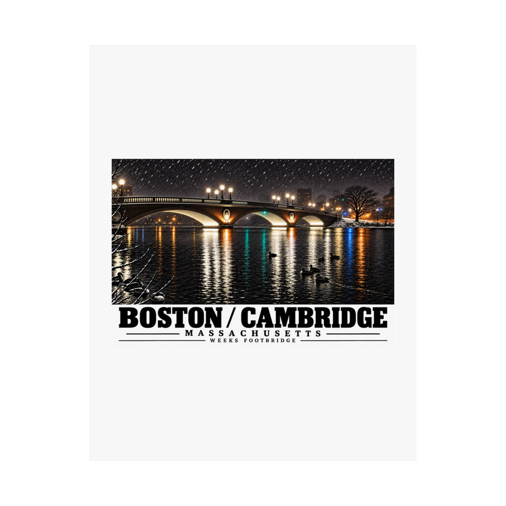 Flat Weeks Footbridge illuminated night view with water reflections poster with Boston/Cambridge lettering