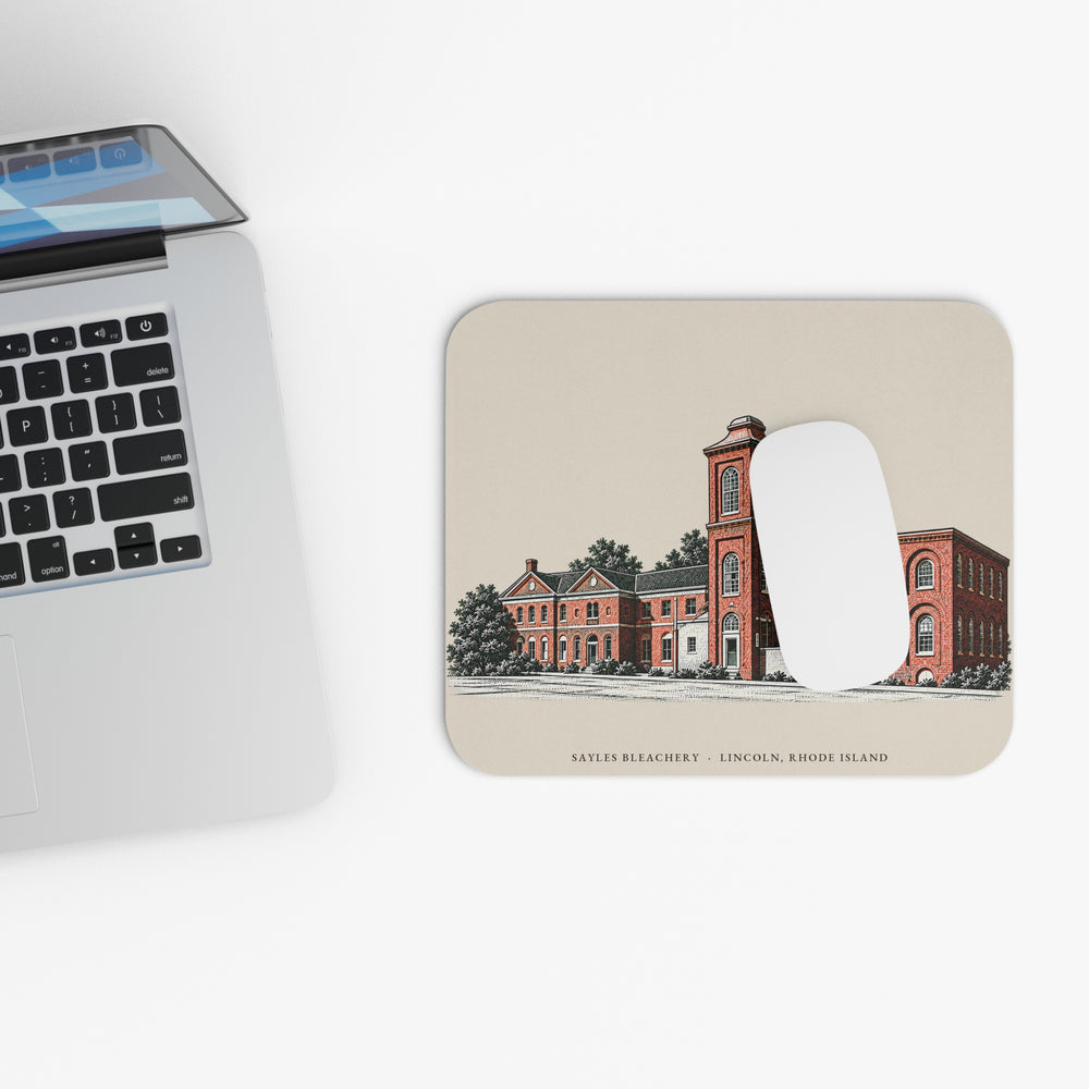 Lincoln Sayles Bleachery mouse pad mockup showing the full illustrated print