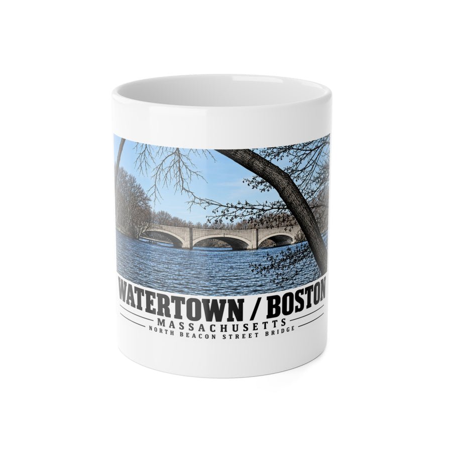 White mug showing North Beacon Street Bridge stone arches framed by a bare tree artwork and Watertown/Boston lettering