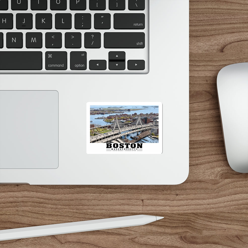 Aerial view of Boston with Zakim Bridge across Charles 4 in White Die-Cut Sticker - Charles River