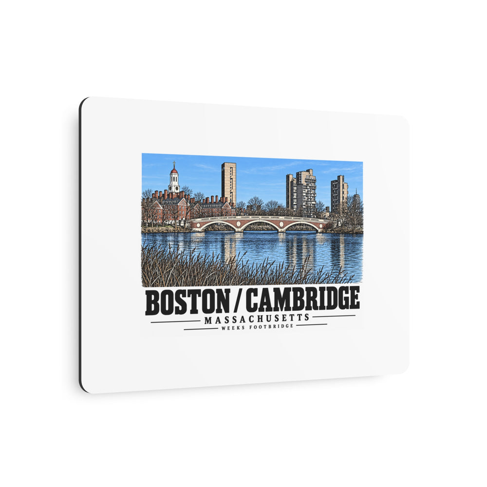 Angled view of Weeks Footbridge stone arches and riverside towers metal print with its dark edge visible