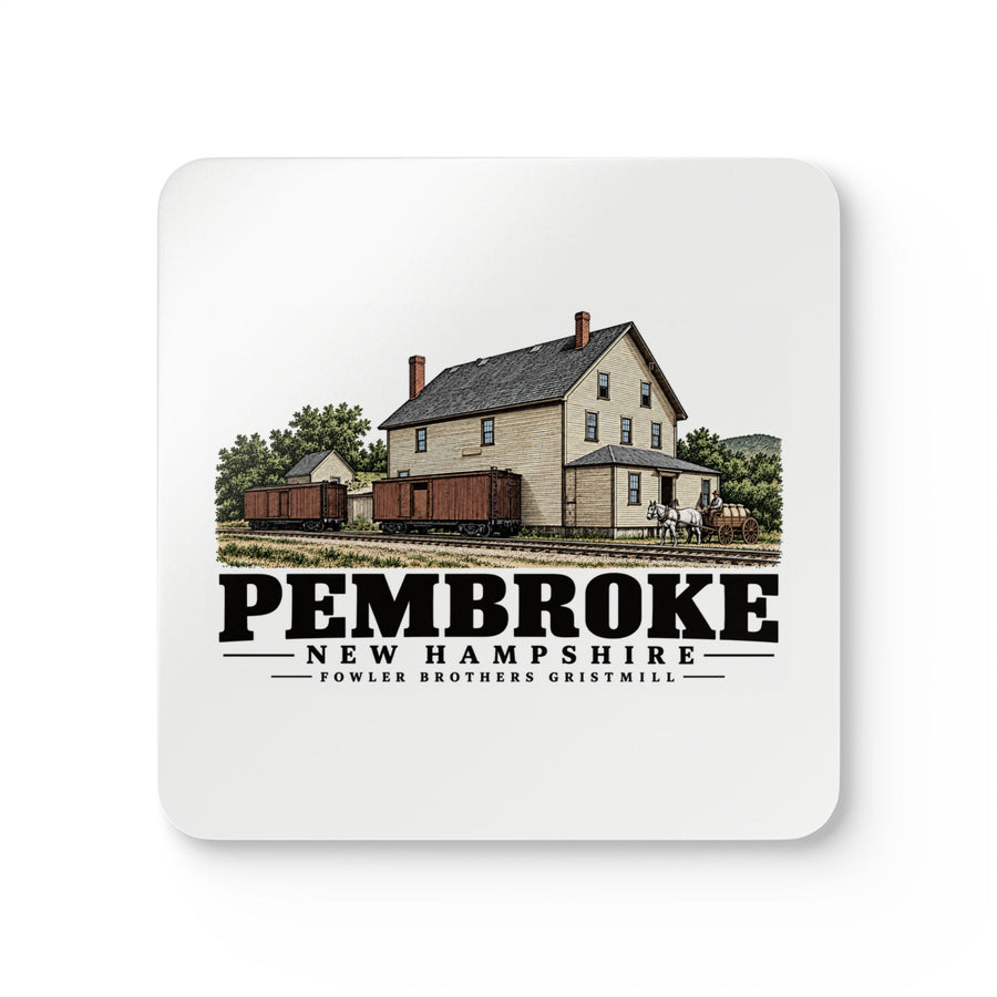 Pembroke Fowler Brothers gristmill and grain storehouse with boxcars Cork Back Coaster Set - Merrimack Valley Goods