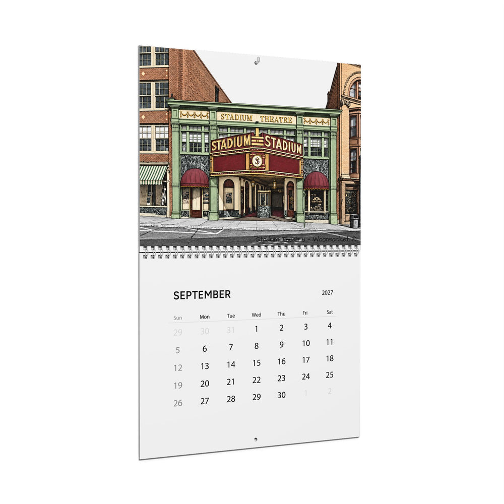 September 2027 wall calendar page featuring the Stadium Theatre in Woonsocket, Rhode Island.