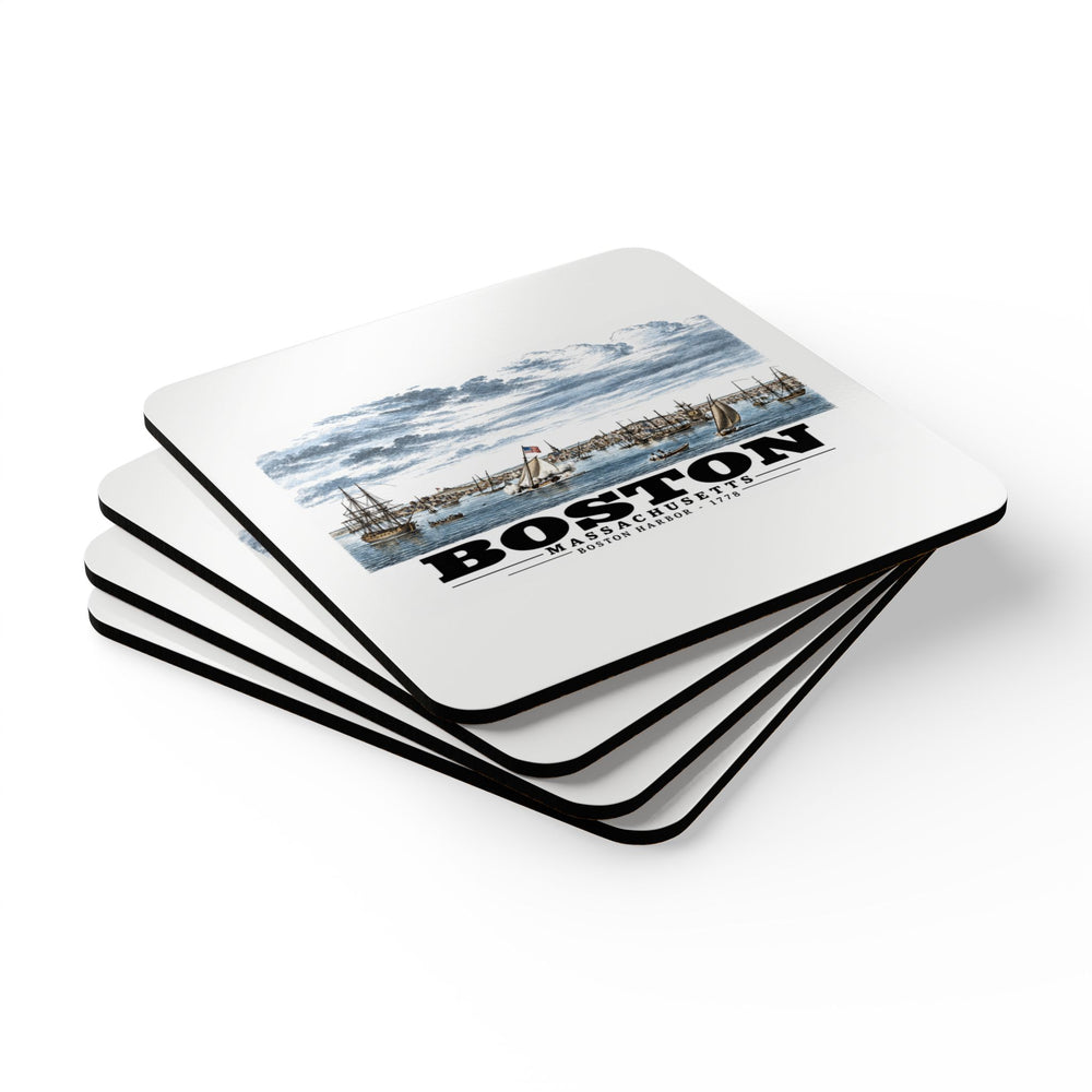 Stack of square coasters with Boston Harbor waterfront scene with sailing ships artwork visible on the top coaster