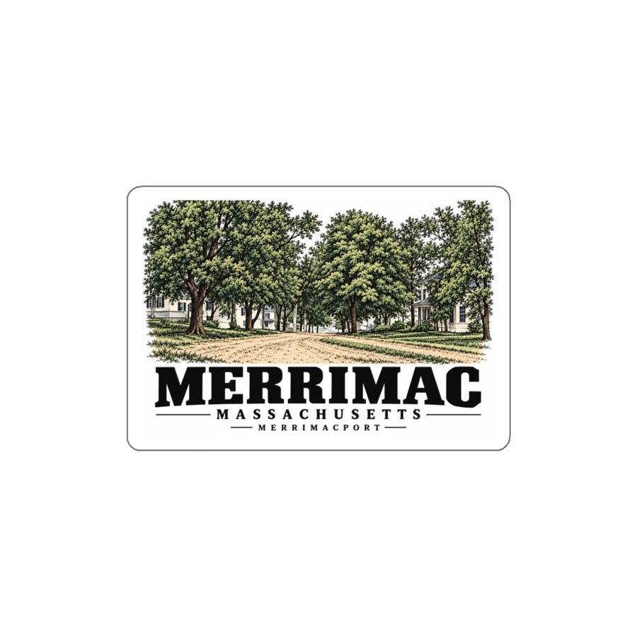 Front of Merrimac Street white die-cut sticker, with Merrimac, Massachusetts artwork and lettering.