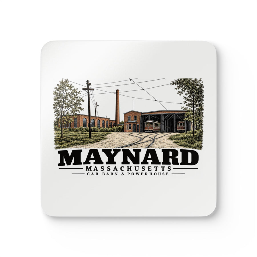 Illustrated Car Barn & Powerhouse in Maynard on corkwood coaster set