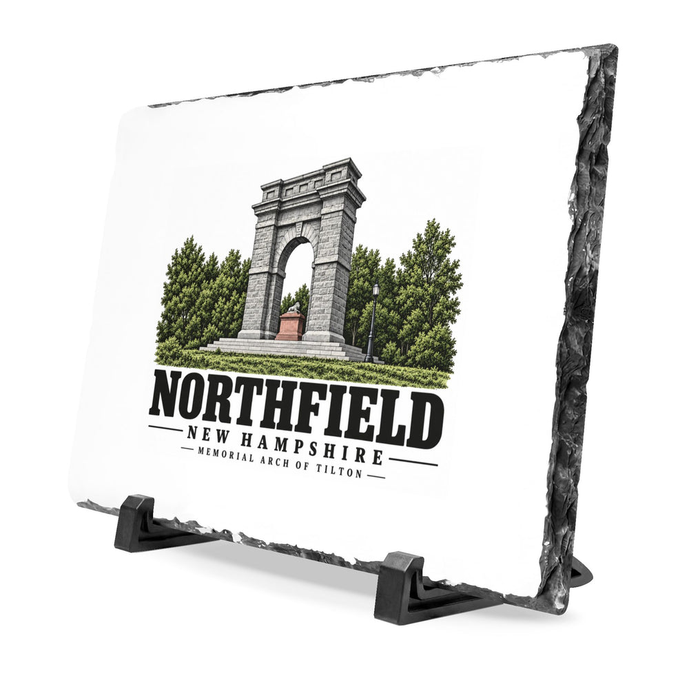 Angled view on black stands of Memorial Arch of Tilton slate desk plaque, Northfield, New Hampshire.