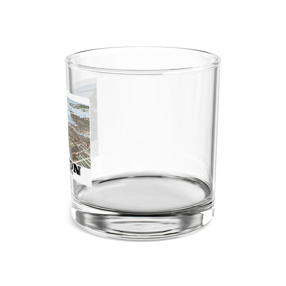 Side view of clear rocks glass with mostly unprinted surface and part of historic Boston harbor panorama with boats and waterfront buildings print at left