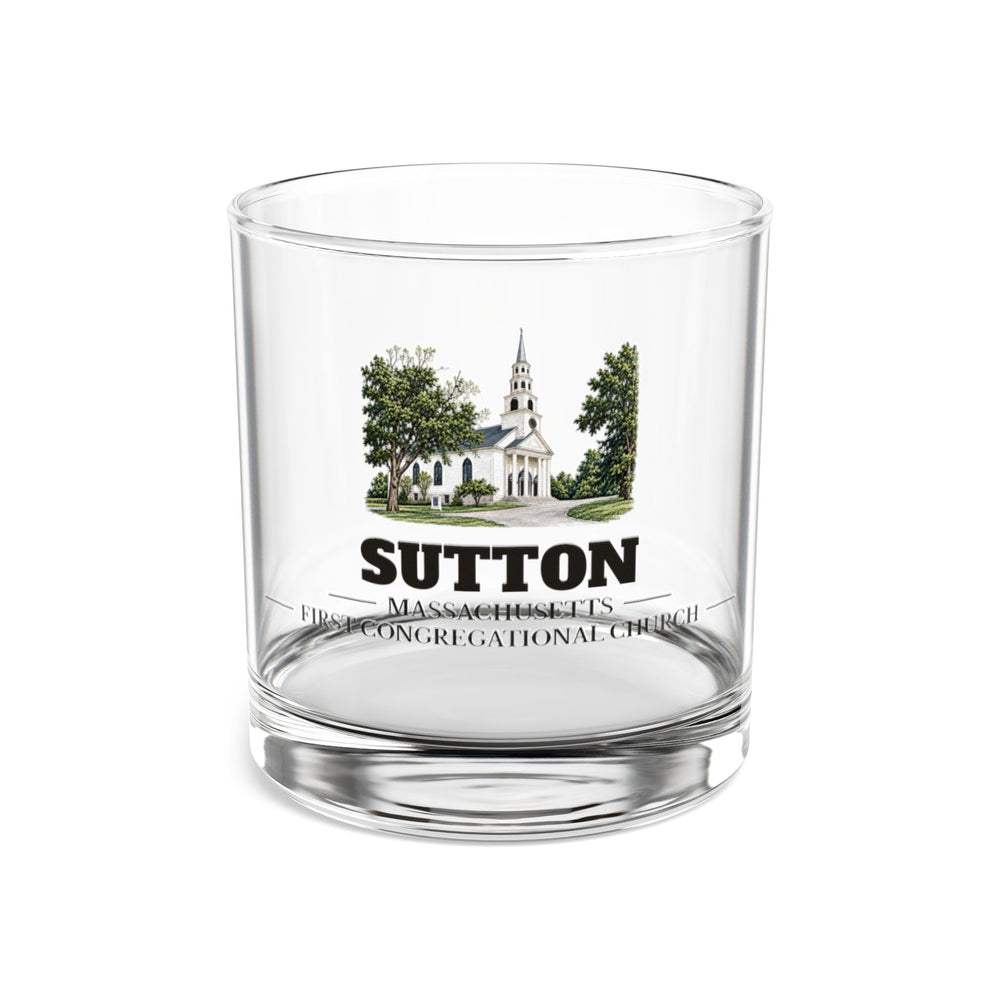 Front view of the Sutton First Congregational Church artwork printed on a clear 10 oz rocks glass