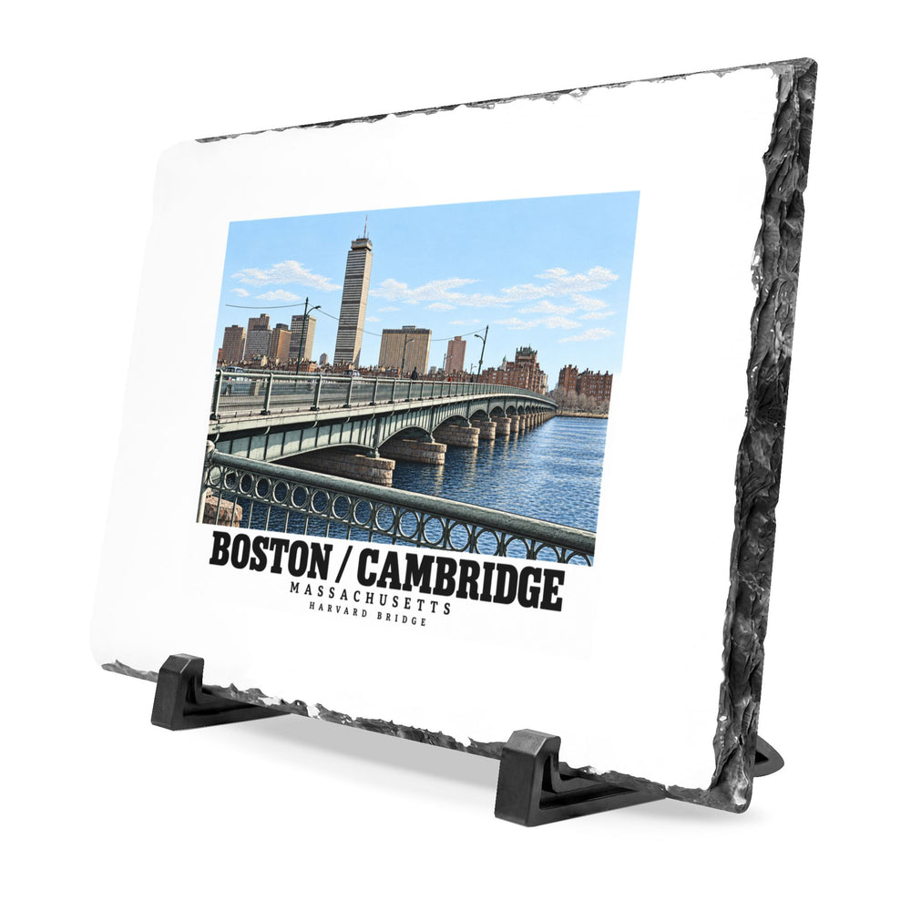 Angled slate plaque with Harvard Bridge artwork and Boston/Cambridge lettering, a rough edge and two supports