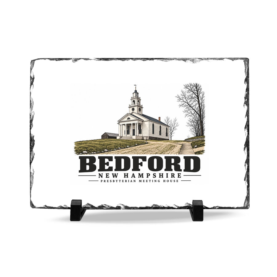 Front on display stands of Presbyterian Meeting House slate desk plaque, with Bedford, New Hampshire artwork and lettering.