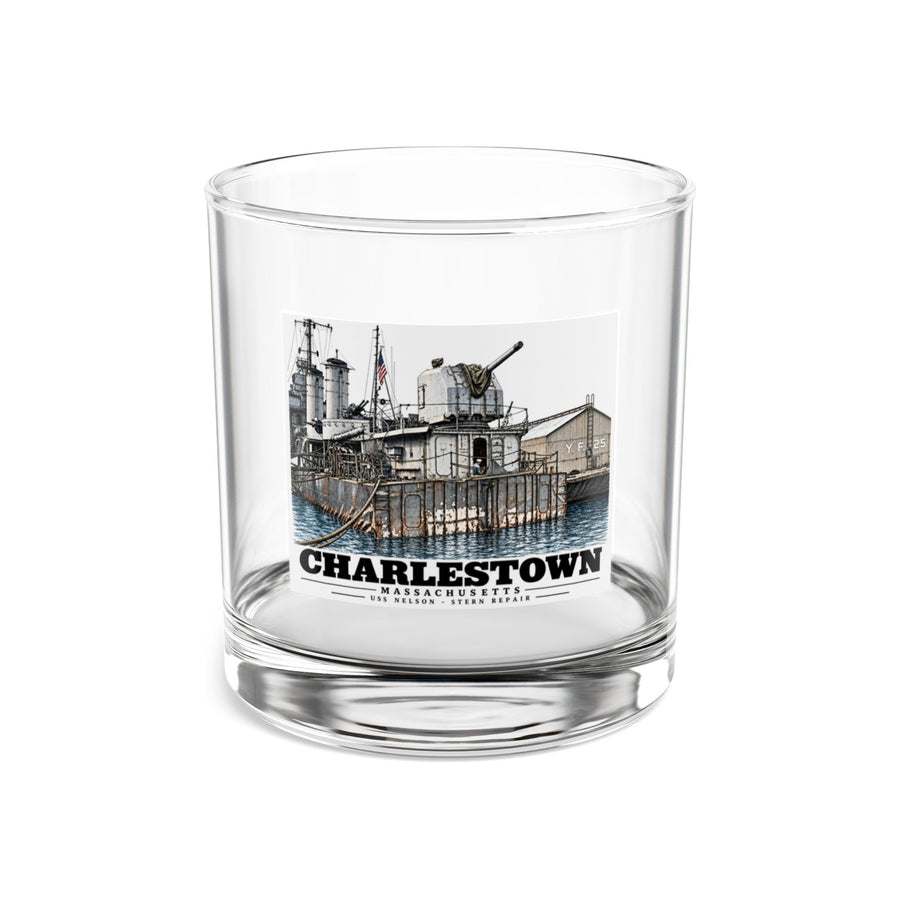 Front of clear 10 oz rocks glass with USS Nelson stern repair and Charlestown artwork