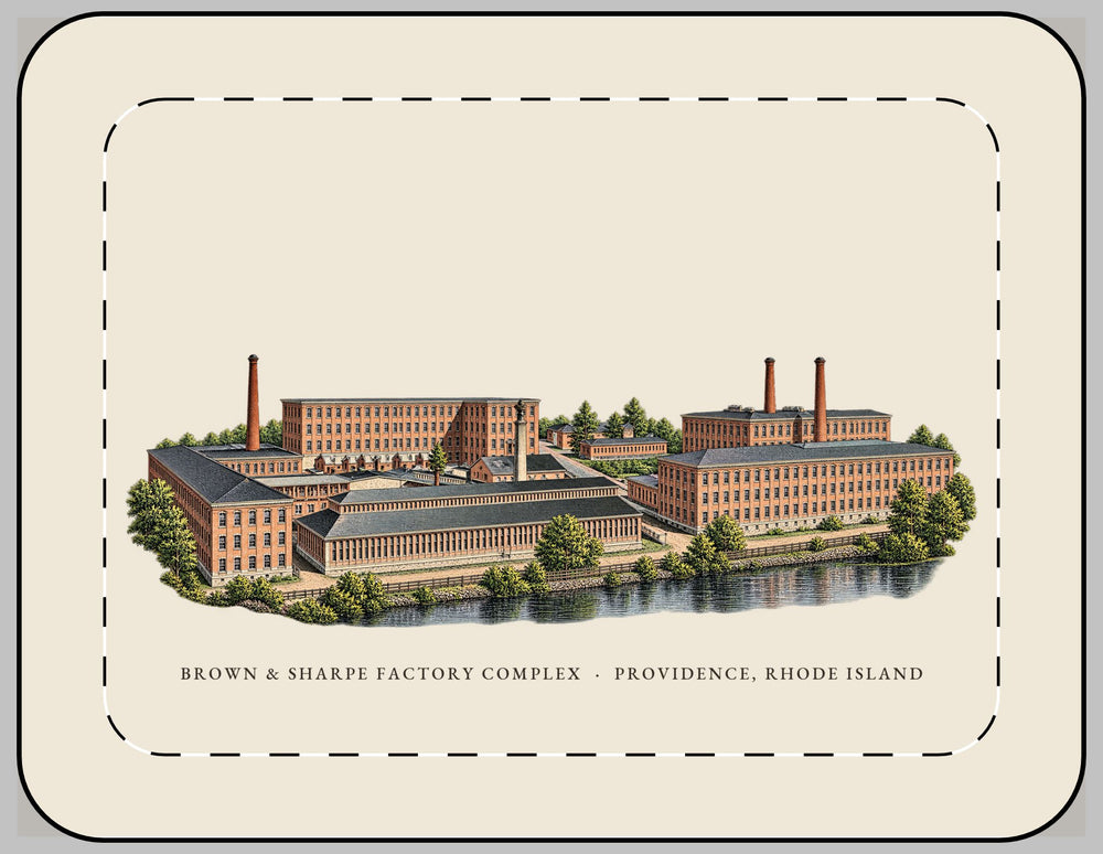 Providence Brown & Sharpe Factory Complex 13-inch laptop sleeve mockup showing the full illustrated print