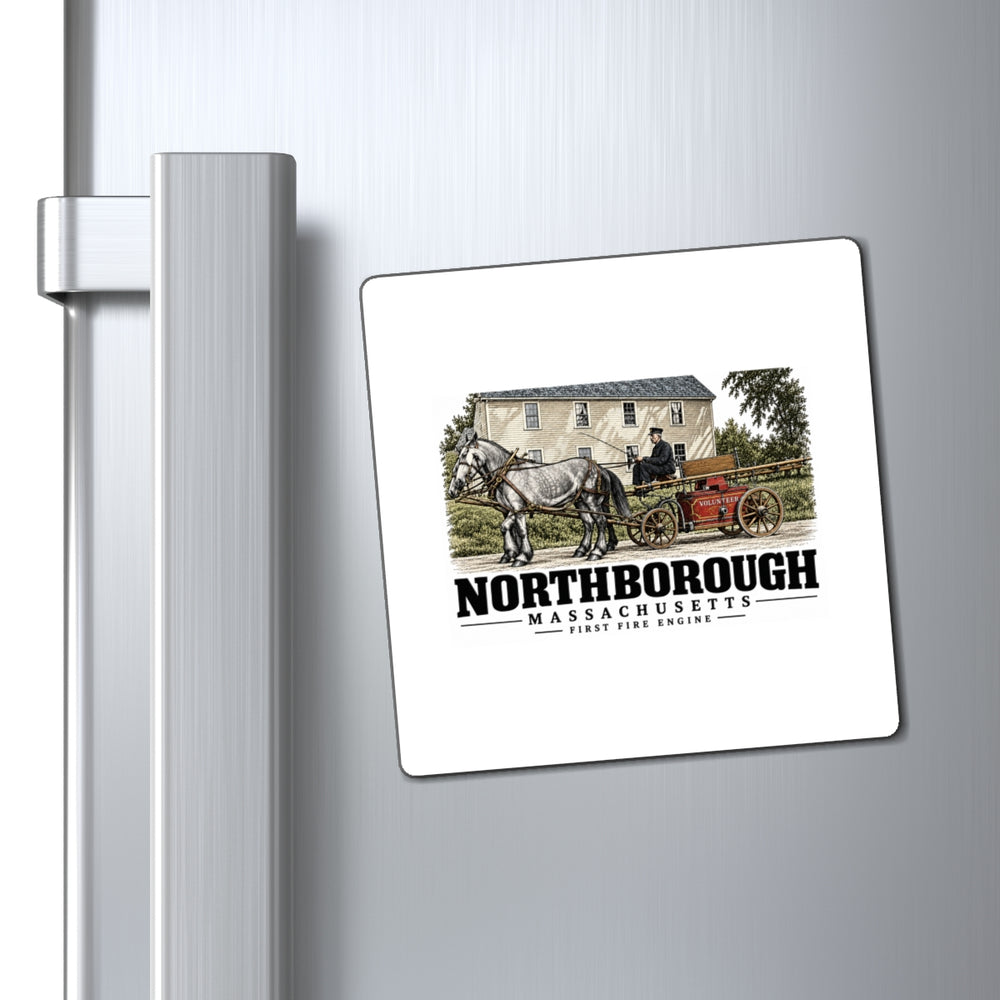 Illustrated First Fire Engine in Northborough on square magnet