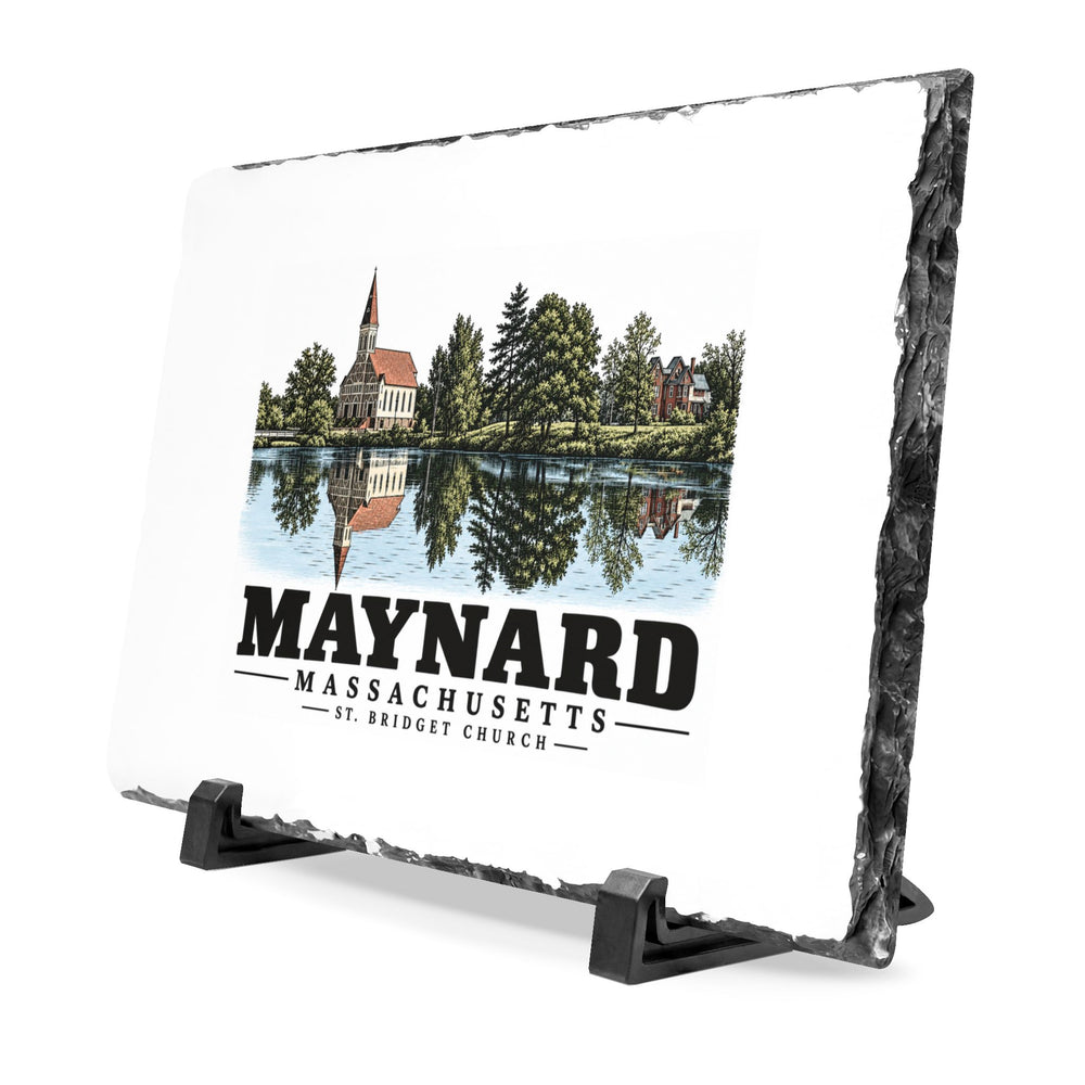 Illustrated St. Bridget Church in Maynard on slate desk plaque